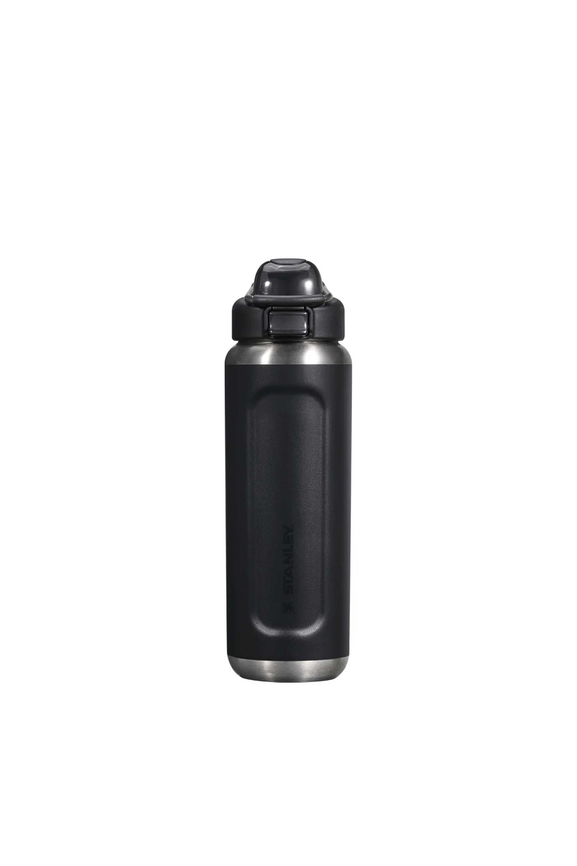 The Stanley Wellspring Bottle 24 OZ in black features vacuum insulation and a flip-top, leak-resistant lid, shown upright on a white background.