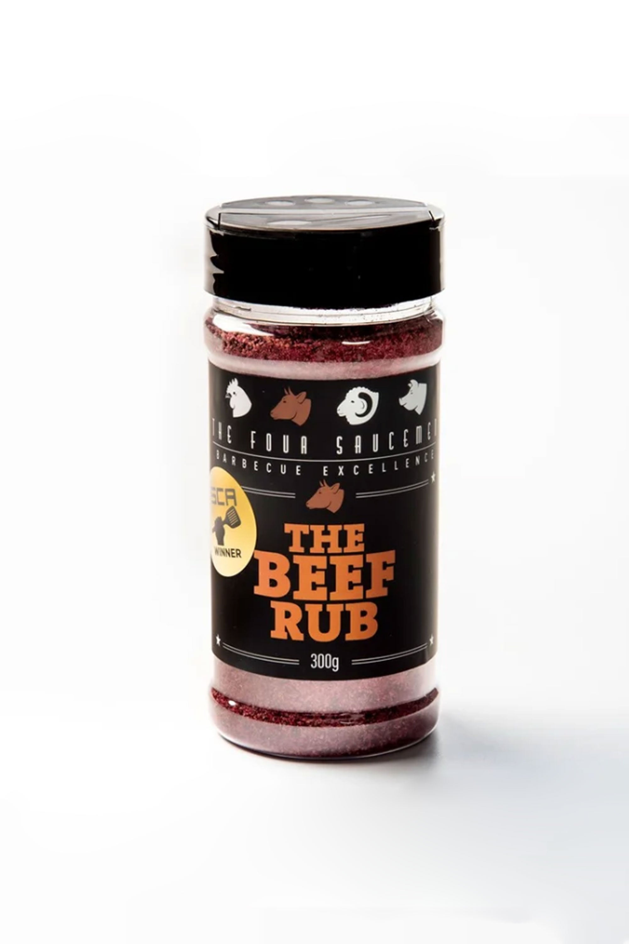 A 300g plastic shaker bottle of Other's The Beef Rub gluten-free barbecue seasoning, with a black label featuring orange and white text, animal graphics, and a gold award sticker, is shown against a plain white background.